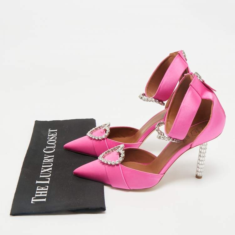 Pre Owned Malone Souliers x Emily In Paris Pink Satin Camille Ankle Strap Pumps Size 39