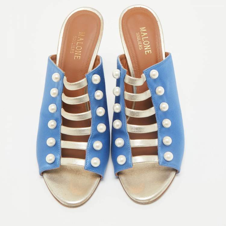 Pre Owned Malone Souliers Blue/Gold Satin and Leather Zada Mules Size 40