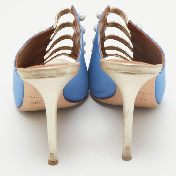 Pre Owned Malone Souliers Blue/Gold Satin and Leather Zada Mules Size 40