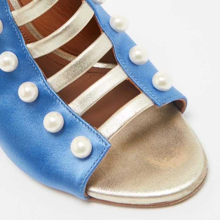 Pre Owned Malone Souliers Blue/Gold Satin and Leather Zada Mules Size 40