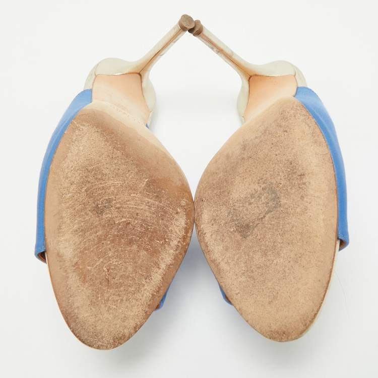 Pre Owned Malone Souliers Blue/Gold Satin and Leather Zada Mules Size 40