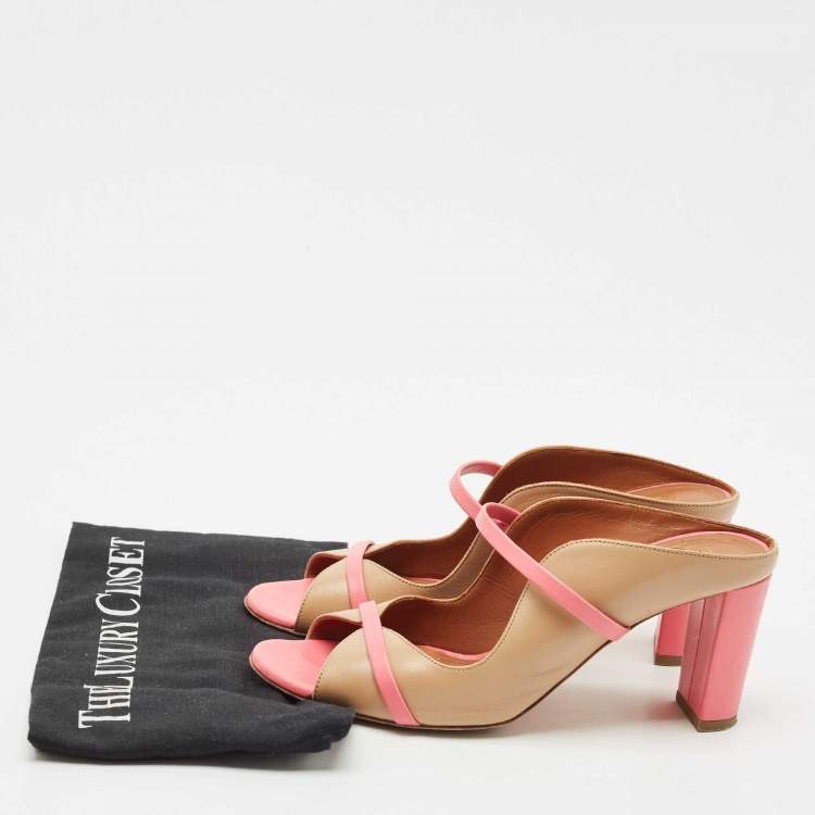 Pre Owned Malone Souliers Beige/Pink Leather Open Toe Norah Block Heel Mules Size 38