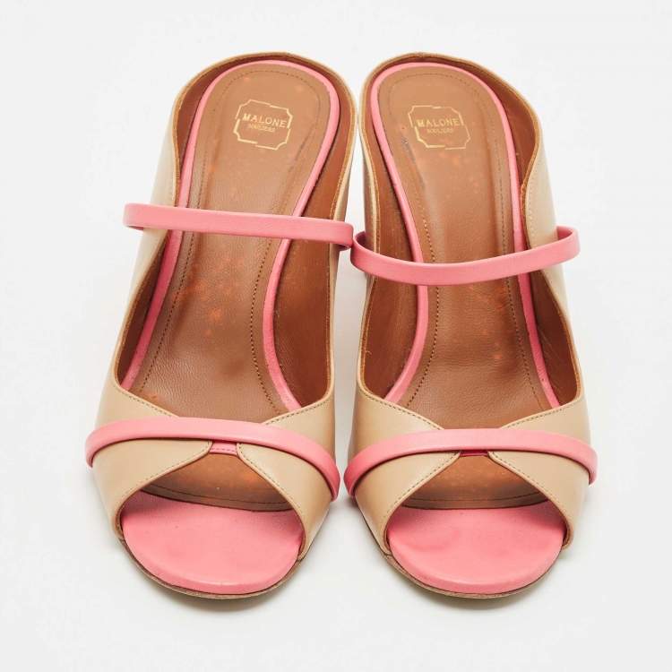 Pre Owned Malone Souliers Beige/Pink Leather Open Toe Norah Block Heel Mules Size 38