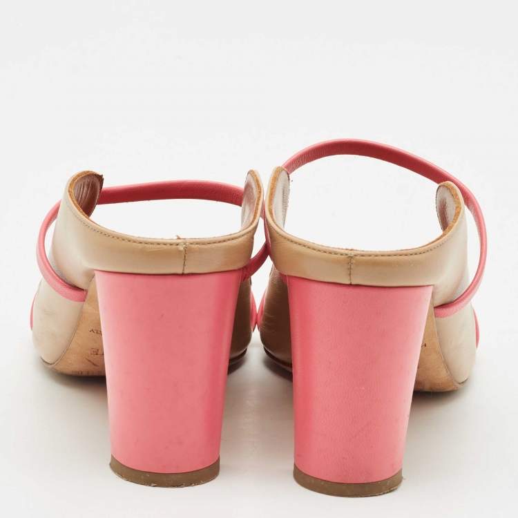 Pre Owned Malone Souliers Beige/Pink Leather Open Toe Norah Block Heel Mules Size 38