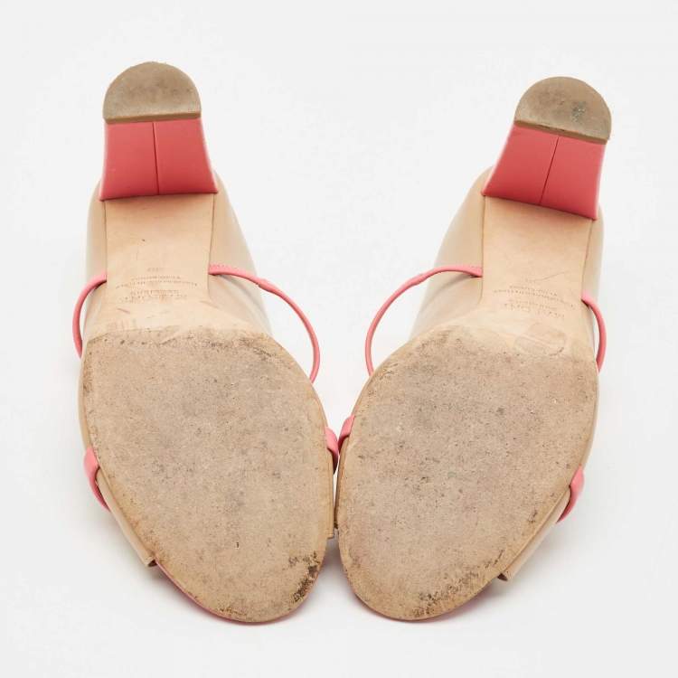 Pre Owned Malone Souliers Beige/Pink Leather Open Toe Norah Block Heel Mules Size 38