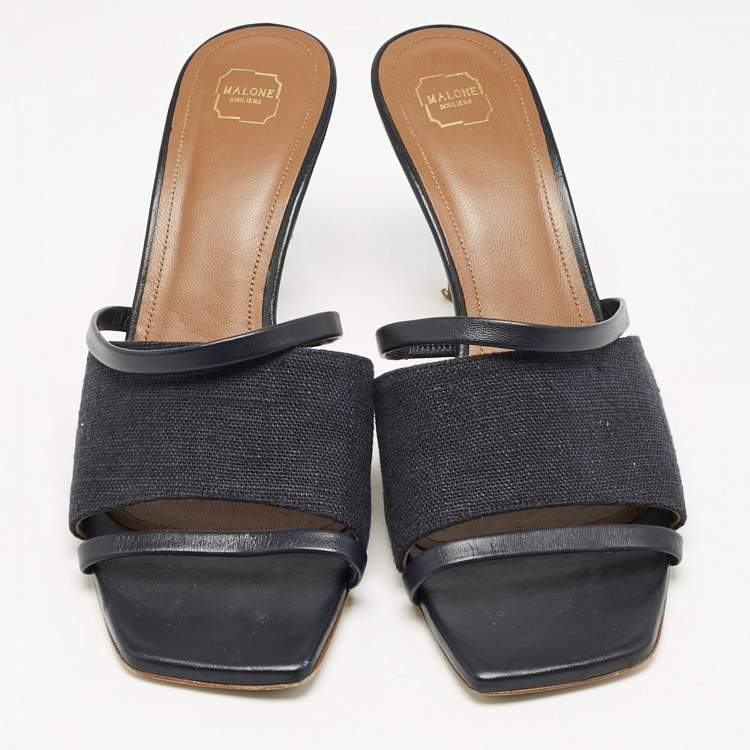Pre Owned Malone Souliers Navy Blue Canvas and Leather Laney Slide Sandals Size 39