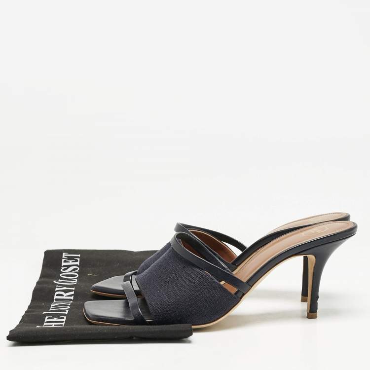 Pre Owned Malone Souliers Navy Blue Canvas and Leather Laney Slide Sandals Size 39