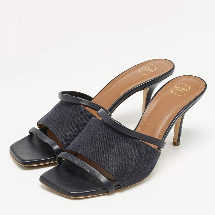 Pre Owned Malone Souliers Navy Blue Canvas and Leather Laney Slide Sandals Size 39