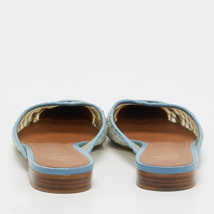 Pre Owned Malone Souliers Blue Leather and Mesh Hari Flat Mules Size 38