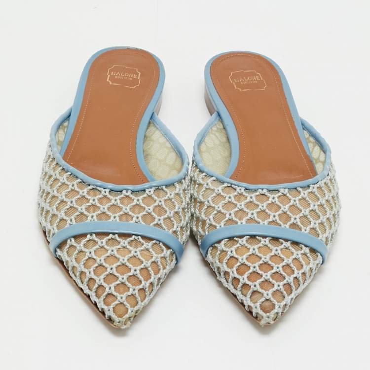 Pre Owned Malone Souliers Blue Leather and Mesh Hari Flat Mules Size 38