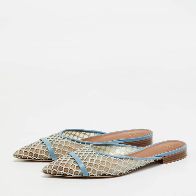 Pre Owned Malone Souliers Blue Leather and Mesh Hari Flat Mules Size 38