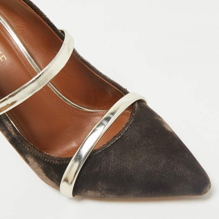 Pre Owned Malone Souliers Brown/Gold Velvet and Leather Maureen Mules Size 35