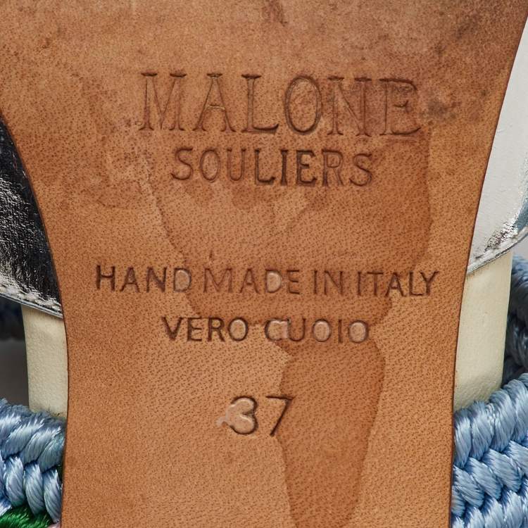 Pre Owned Malone Souliers Silver/Blue Metallic Leather and Stretch Band Maisie Mules 37