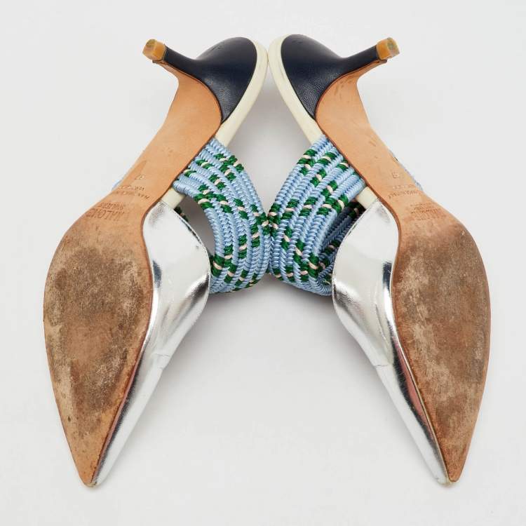 Pre Owned Malone Souliers Silver/Blue Metallic Leather and Stretch Band Maisie Mules 37