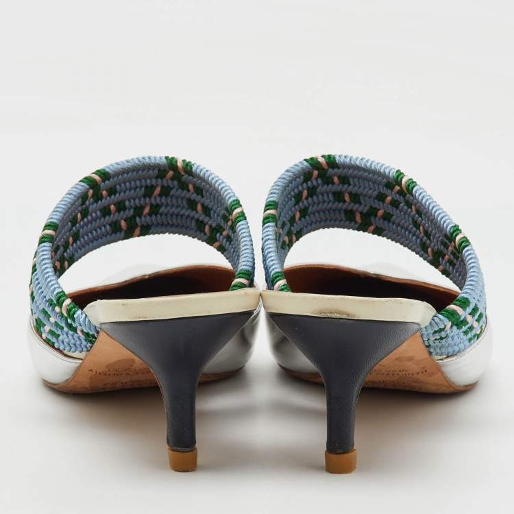 Pre Owned Malone Souliers Silver/Blue Metallic Leather and Stretch Band Maisie Mules 37