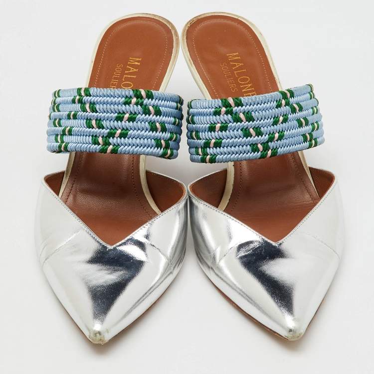Pre Owned Malone Souliers Silver/Blue Metallic Leather and Stretch Band Maisie Mules 37