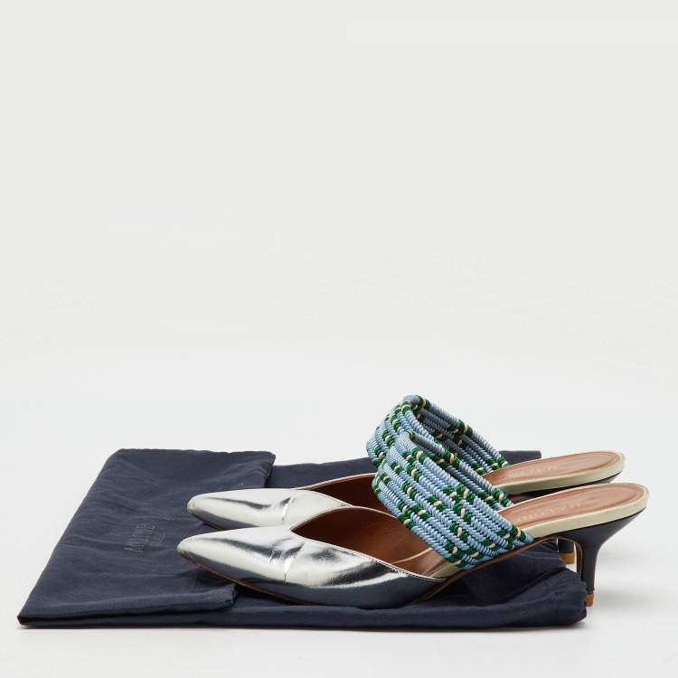 Pre Owned Malone Souliers Silver/Blue Metallic Leather and Stretch Band Maisie Mules 37
