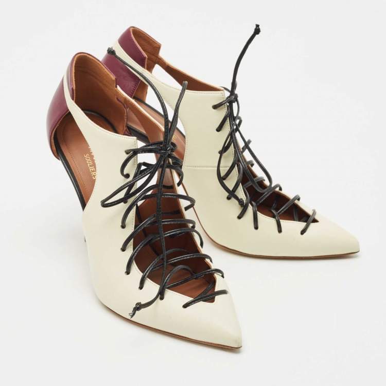 Pre Owned Malone Souliers Off White/Purple Leather Montana Lace Up Pumps Size 38.5