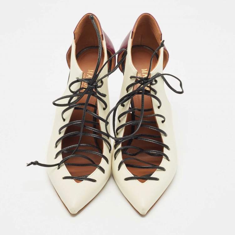 Pre Owned Malone Souliers Off White/Purple Leather Montana Lace Up Pumps Size 38.5