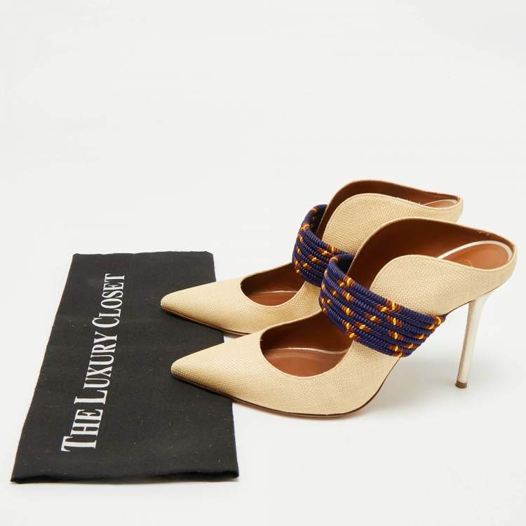 Pre Owned Malone Souliers Beige/Navy Blue Raffia and Cord Mara Pointed Toe Mules Size 40