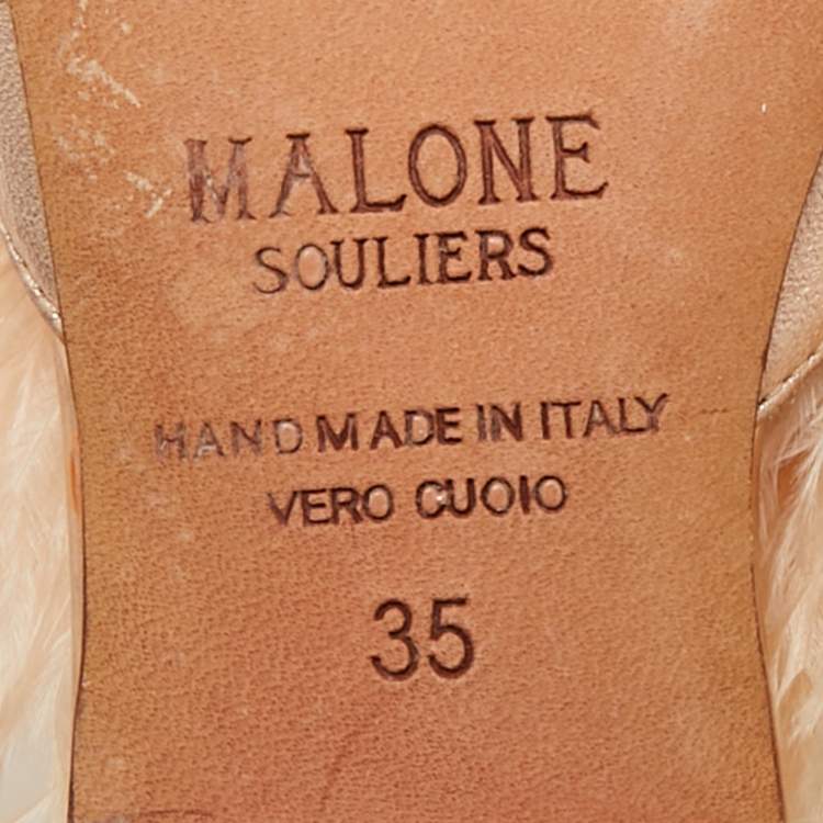 Pre Owned Malone Souliers Metallic Leather and Feather Pointed Toe Flat Mules Size 35