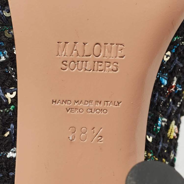 Pre Owned Malone Souliers Black Tweed and Leather Jhene Pointed Toe Pumps Size 38.5