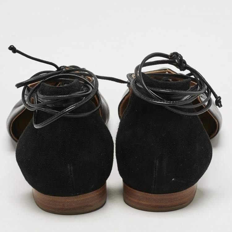 Pre Owned Malone Souliers Black Leather Montana Lace Up Pointed Toe Flats Size 41