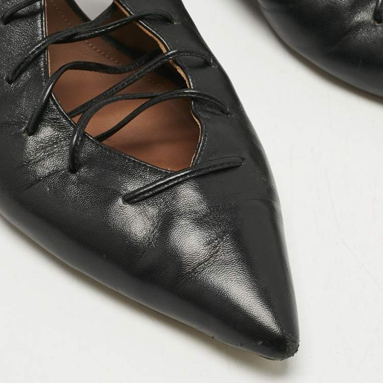 Pre Owned Malone Souliers Black Leather Montana Lace Up Pointed Toe Flats Size 41