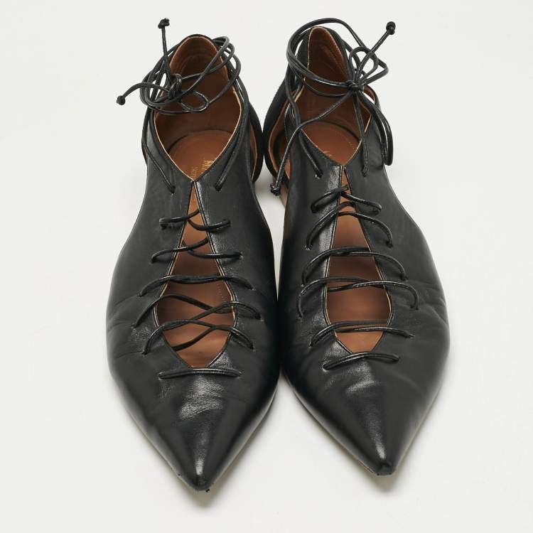 Pre Owned Malone Souliers Black Leather Montana Lace Up Pointed Toe Flats Size 41