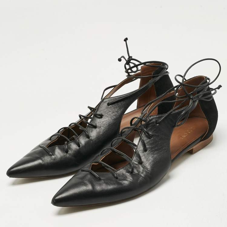 Pre Owned Malone Souliers Black Leather Montana Lace Up Pointed Toe Flats Size 41