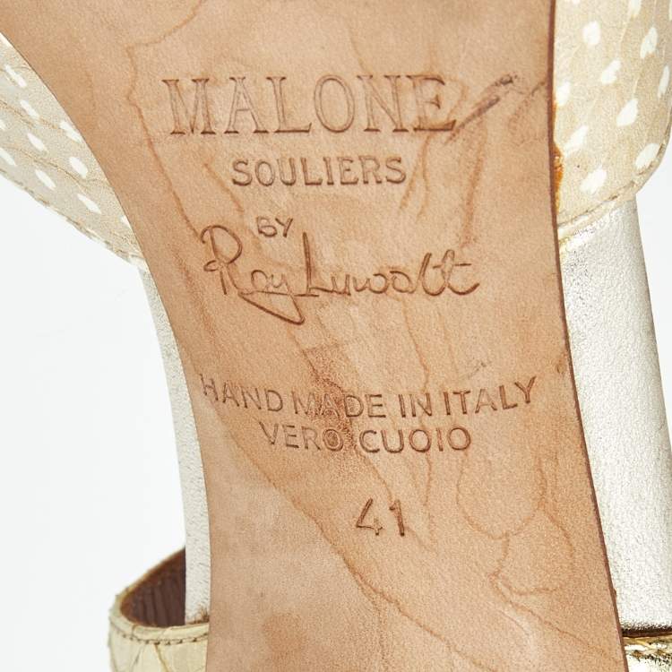 Pre Owned Malone Souliers Gold/Beige Leather and Python Embossed Daria Mules Size 41