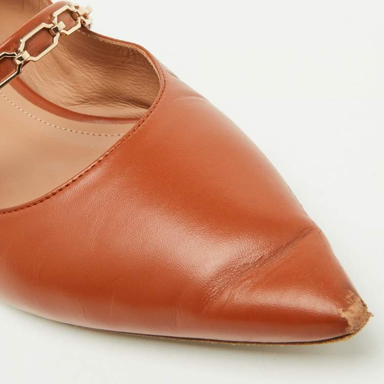 Pre Owned Malone Souliers Brown Leather Virna Chain Detail Mary Jane Ballet Flats Size 38.5