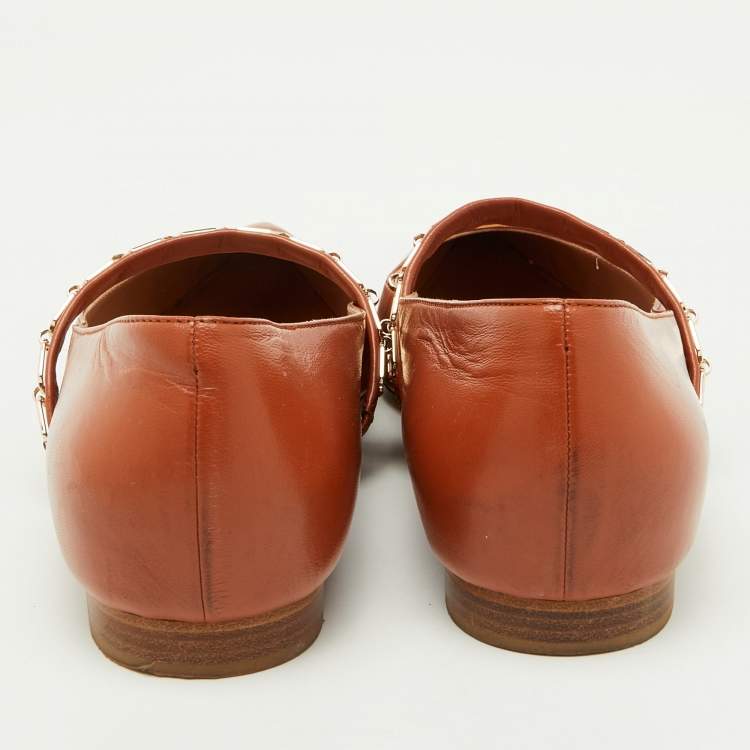 Pre Owned Malone Souliers Brown Leather Virna Chain Detail Mary Jane Ballet Flats Size 38.5