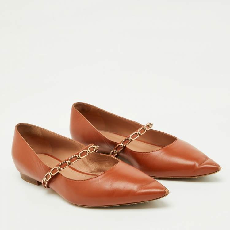 Pre Owned Malone Souliers Brown Leather Virna Chain Detail Mary Jane Ballet Flats Size 38.5
