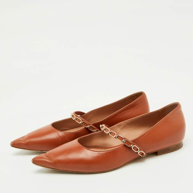 Pre Owned Malone Souliers Brown Leather Virna Chain Detail Mary Jane Ballet Flats Size 38.5