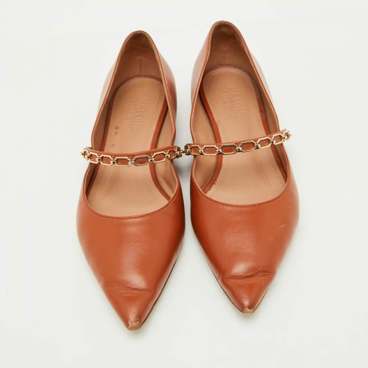 Pre Owned Malone Souliers Brown Leather Virna Chain Detail Mary Jane Ballet Flats Size 38.5