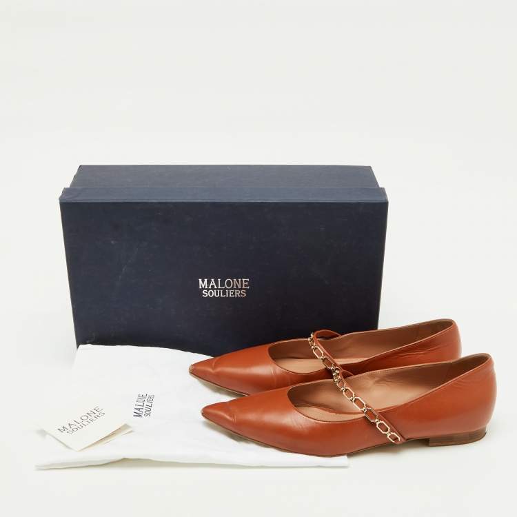Pre Owned Malone Souliers Brown Leather Virna Chain Detail Mary Jane Ballet Flats Size 38.5