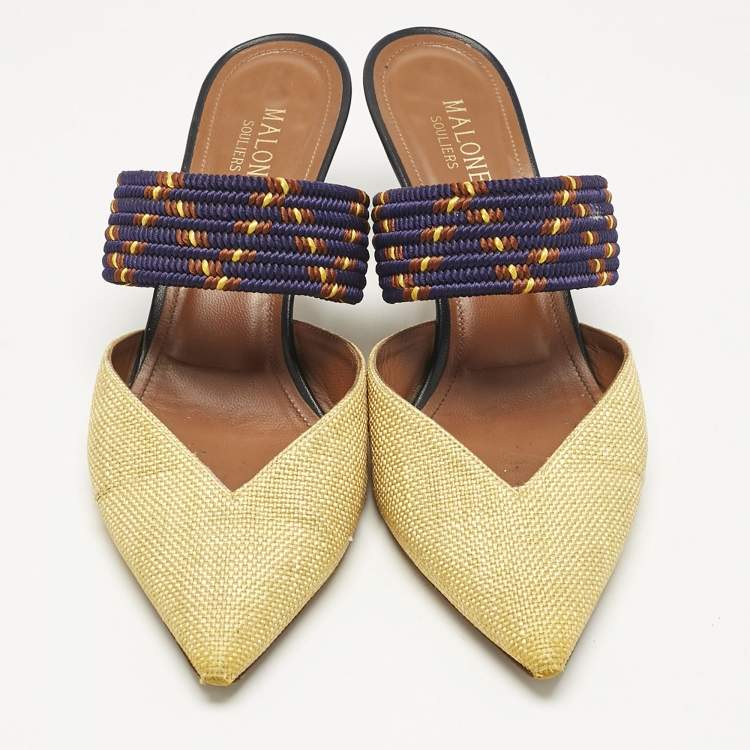 Pre Owned Malone Souliers Yellow/Navy Blue Raffia and Cord Maisie Pointed Toe Mules Size 39