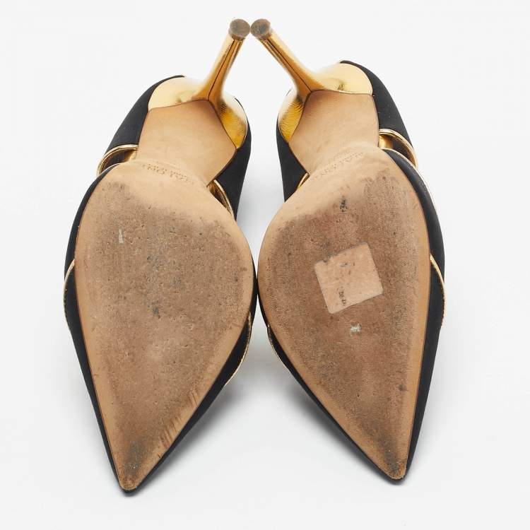 Pre Owned Malone Souliers Black/Gold Satin And Leather Imogen Pointed Toe Sandals Size 37