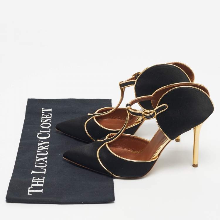 Pre Owned Malone Souliers Black/Gold Satin And Leather Imogen Pointed Toe Sandals Size 37
