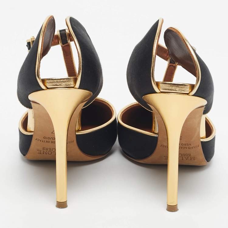Pre Owned Malone Souliers Black/Gold Satin And Leather Imogen Pointed Toe Sandals Size 37