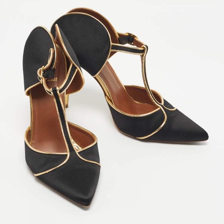 Pre Owned Malone Souliers Black/Gold Satin And Leather Imogen Pointed Toe Sandals Size 37