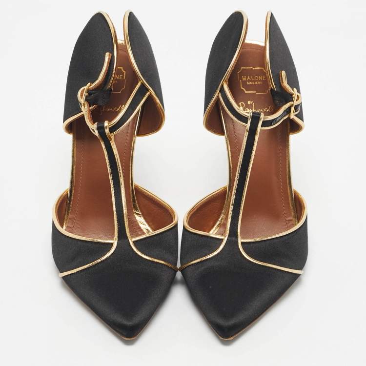 Pre Owned Malone Souliers Black/Gold Satin And Leather Imogen Pointed Toe Sandals Size 37