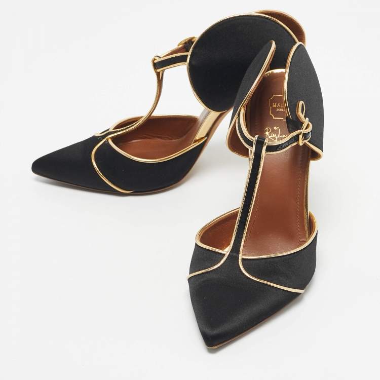 Pre Owned Malone Souliers Black/Gold Satin And Leather Imogen Pointed Toe Sandals Size 37