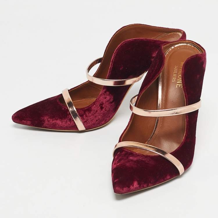 Pre Owned Malone Souliers Gold/Burgundy Velvet and Leather Maureen Mules Size 37