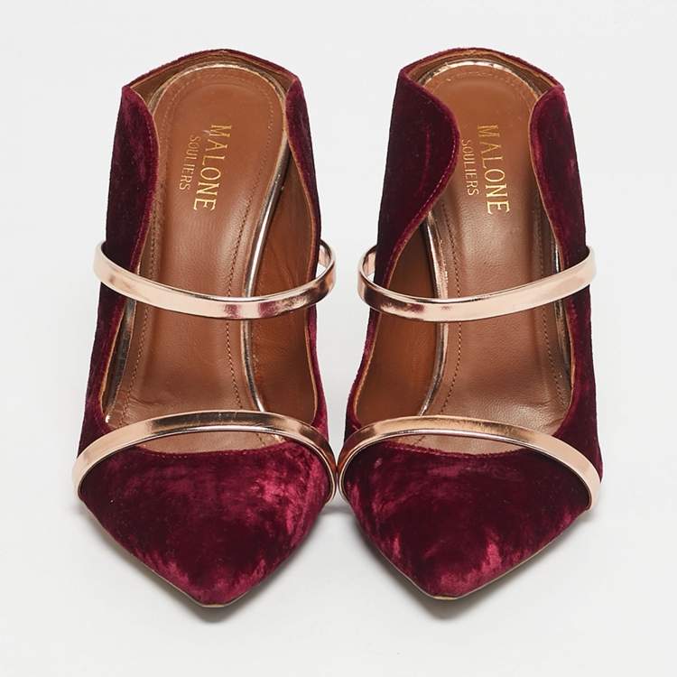 Pre Owned Malone Souliers Gold/Burgundy Velvet and Leather Maureen Mules Size 37