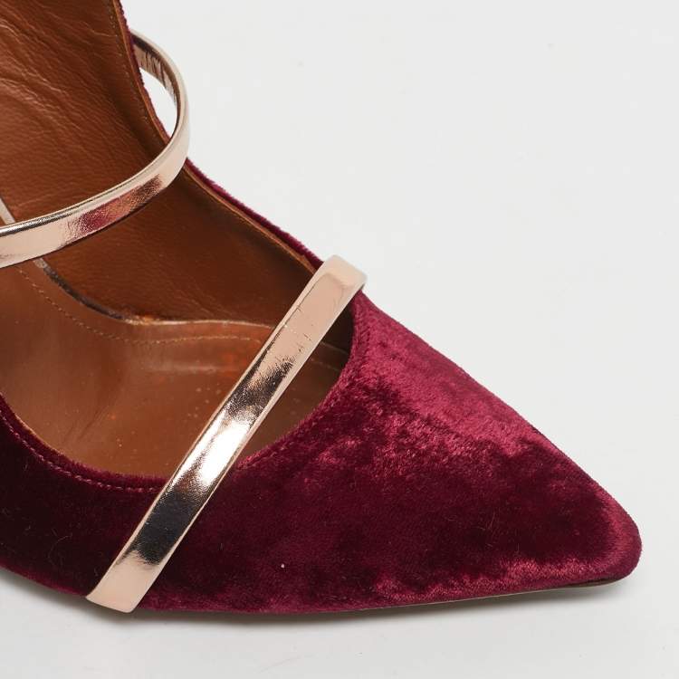 Pre Owned Malone Souliers Gold/Burgundy Velvet and Leather Maureen Mules Size 37