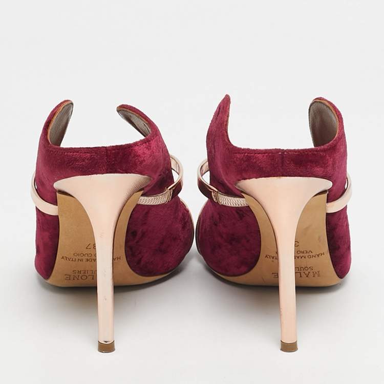 Pre Owned Malone Souliers Gold/Burgundy Velvet and Leather Maureen Mules Size 37