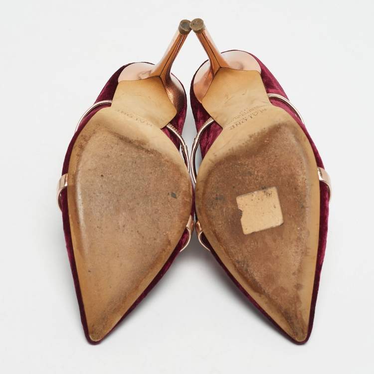 Pre Owned Malone Souliers Gold/Burgundy Velvet and Leather Maureen Mules Size 37