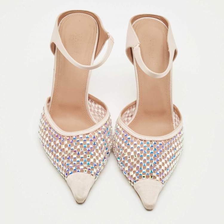Pre Owned Malone Souliers Pink Mesh and Satin Crystal Embellished Vega Mules Size 40